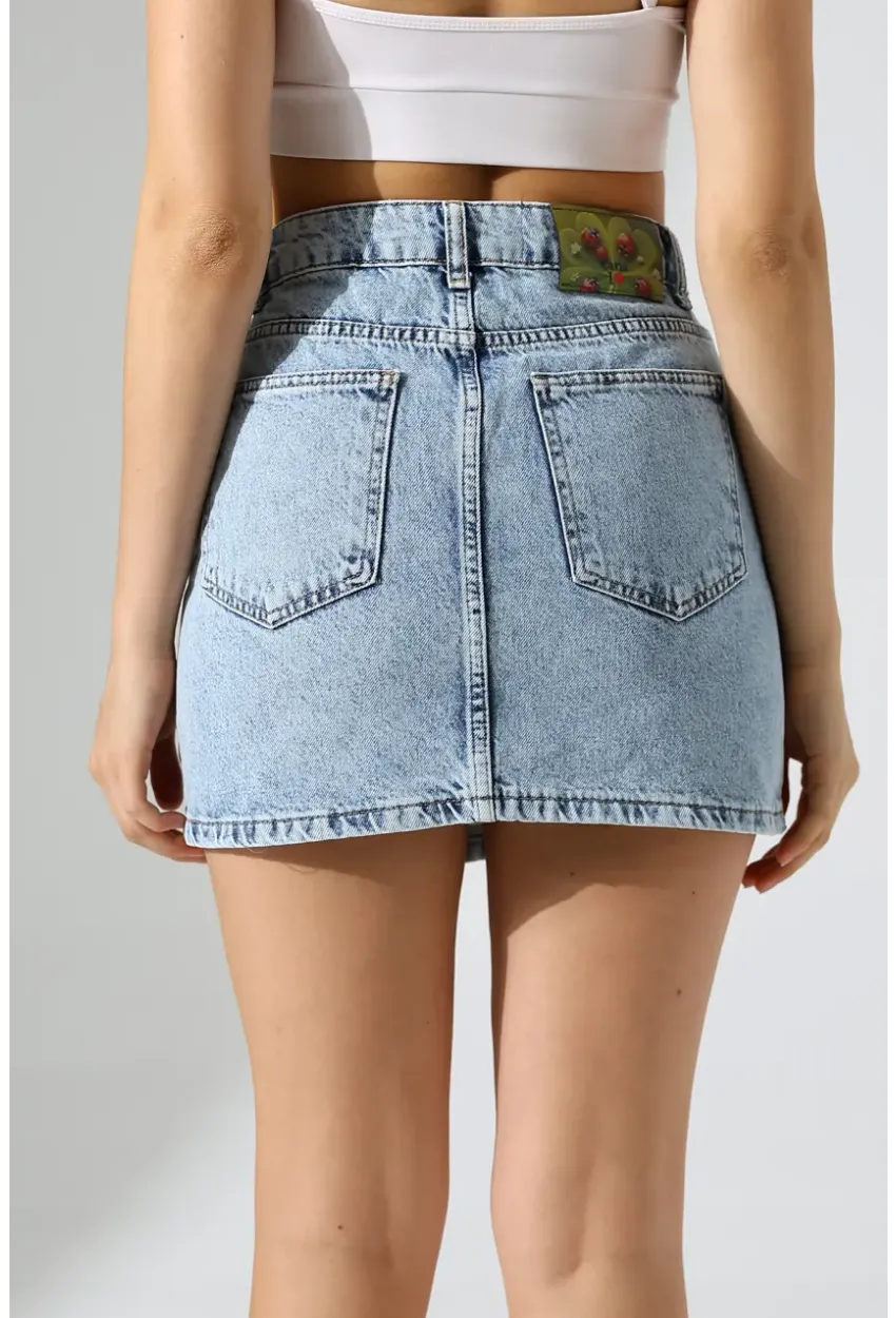 Düğme Detaylı Jean Mini Etek – Mavi