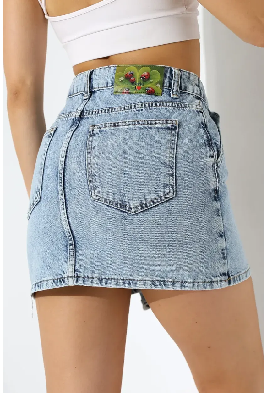 Düğme Detaylı Jean Mini Etek – Mavi