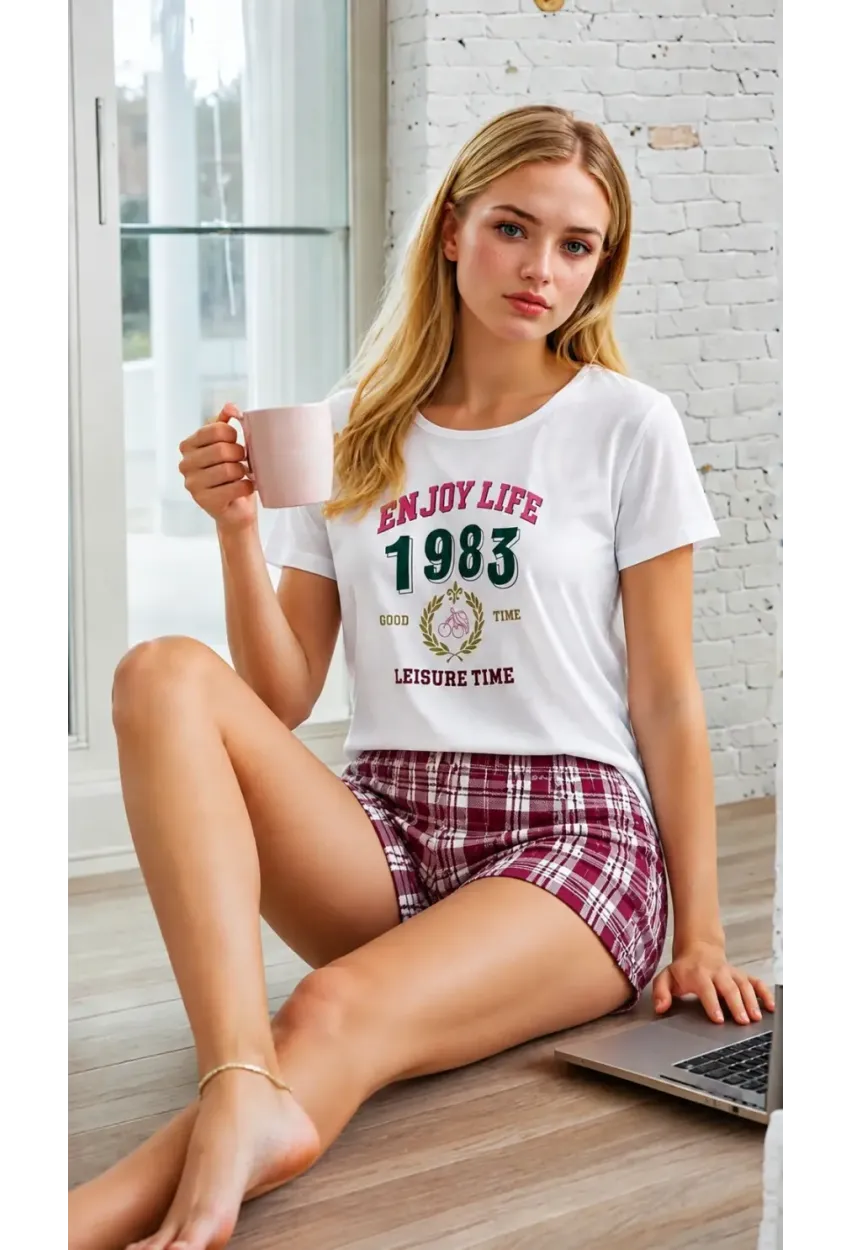 Ekose Desen T-Shirt  Şortlu Kadın Pijama Takımı