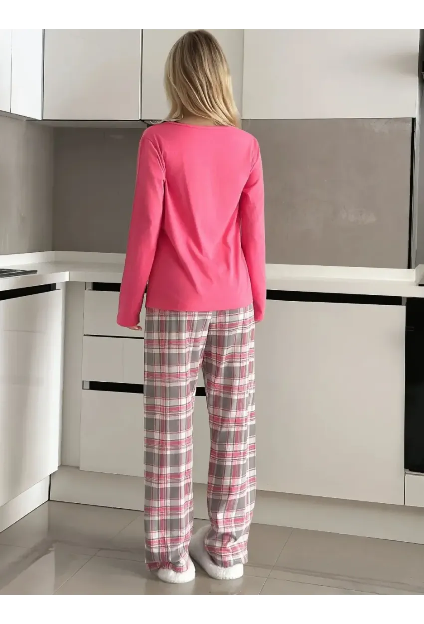 Ekose Desenli Alt Pembe Üst V Yaka Uzun Kollu Pijama Takımı
