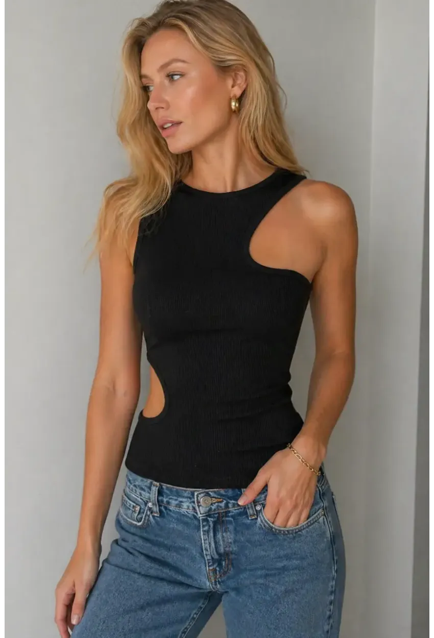 Siyah Asimetrik Kesim Kaşkorse Bluz – Cut Out Detaylı Modern Atlet
