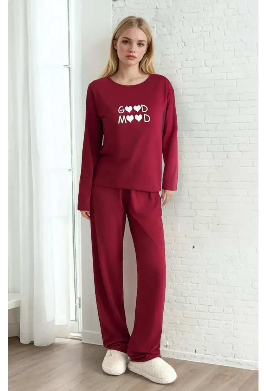 Good Mood Baskılı Bordo Kadın Pijama Takımı