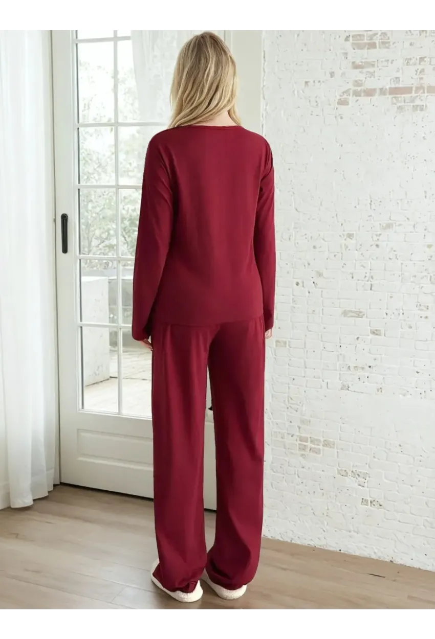Good Mood Baskılı Bordo Kadın Pijama Takımı