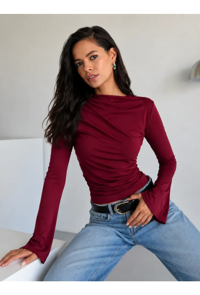 Kadın Bordo Degaje Yaka Drapeli Uzun Kollu Bluz