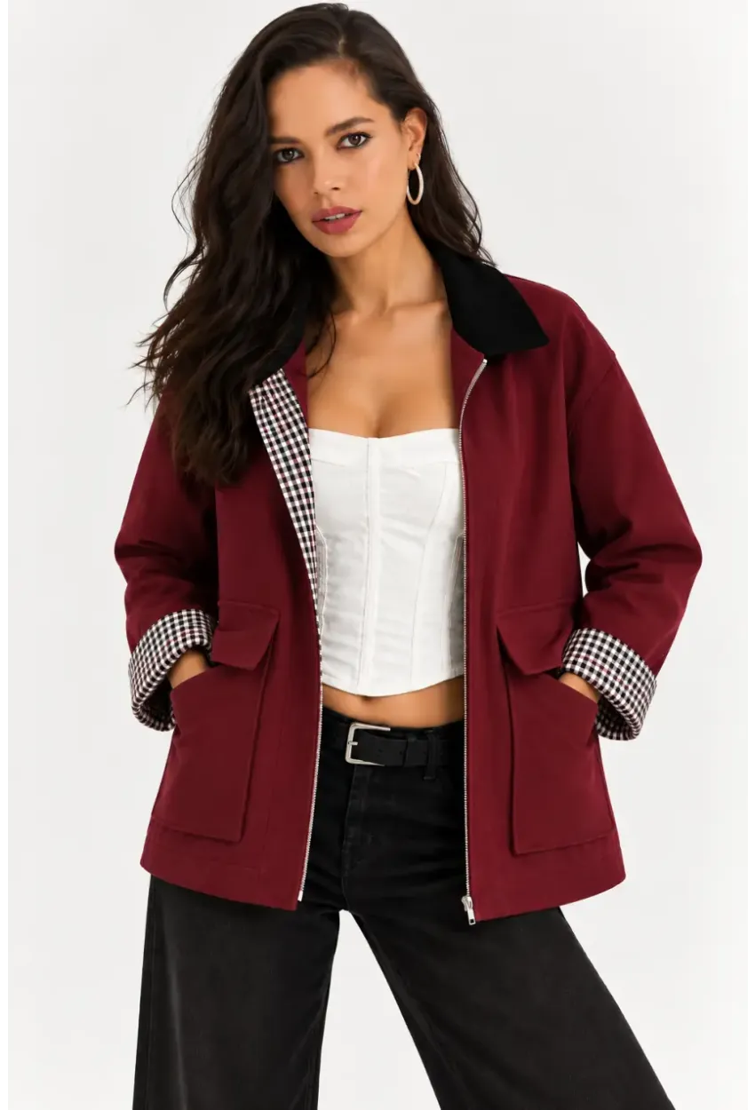 Kadın Bordo Fermuarlı Ceket Ekose Detaylı Siyah Yakalı Oversize Günlük Ceket