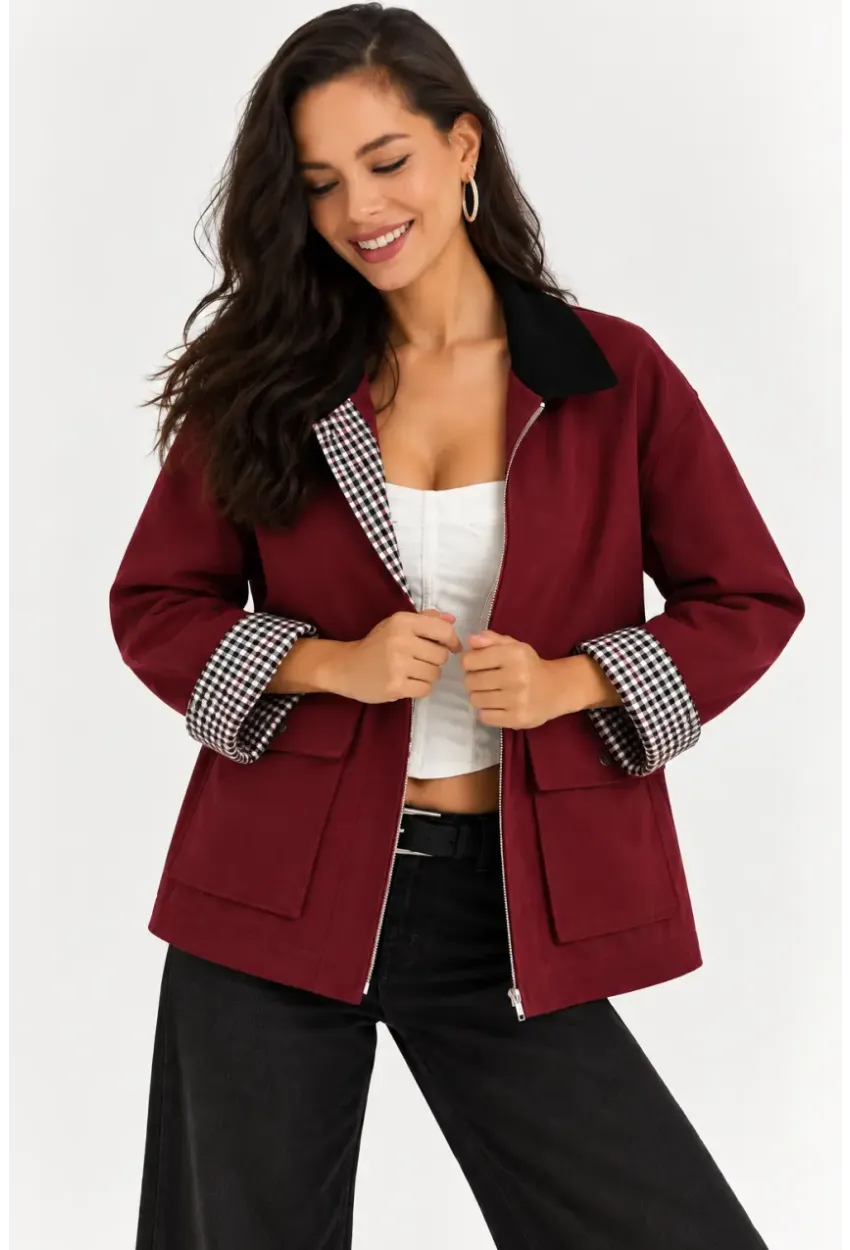 Kadın Bordo Fermuarlı Ceket Ekose Detaylı Siyah Yakalı Oversize Günlük Ceket