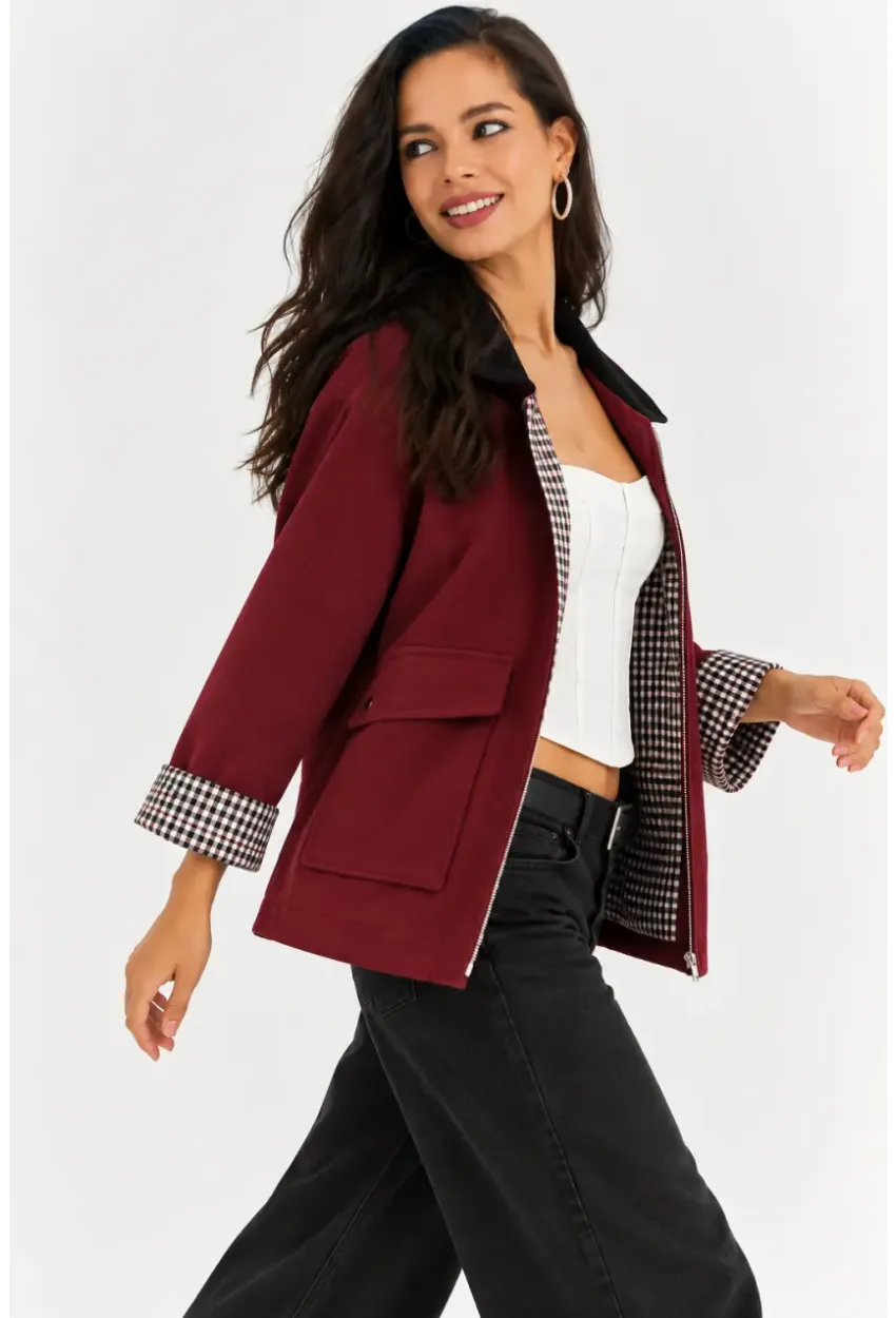 Kadın Bordo Fermuarlı Ceket Ekose Detaylı Siyah Yakalı Oversize Günlük Ceket