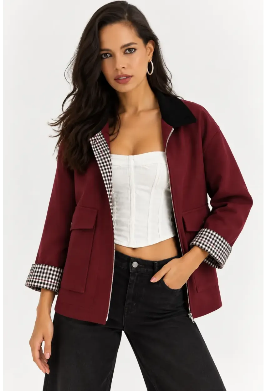 Kadın Bordo Fermuarlı Ceket Ekose Detaylı Siyah Yakalı Oversize Günlük Ceket