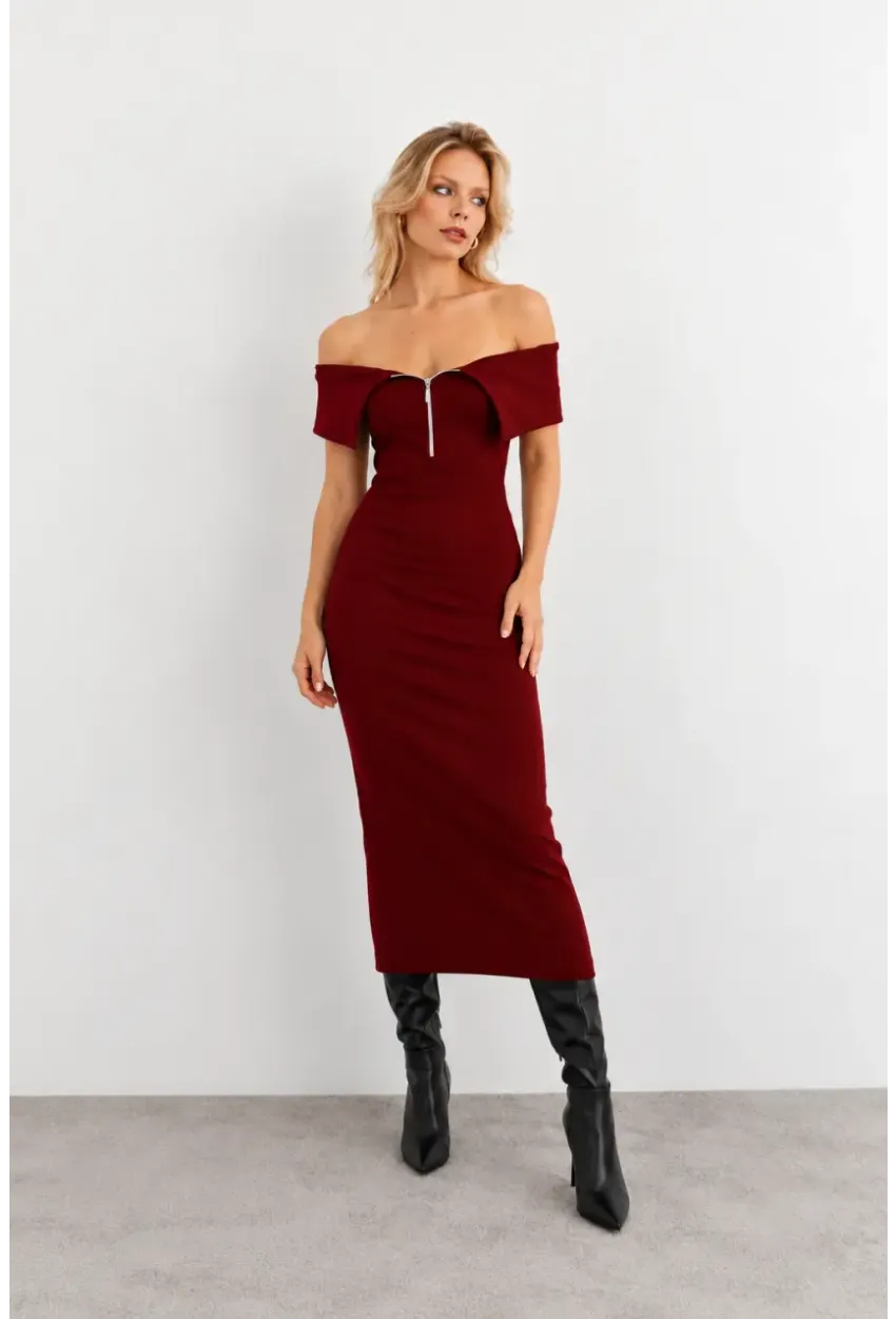 Kadın Bordo Fermuarlı Madonna Yaka Midi Elbise EY3011