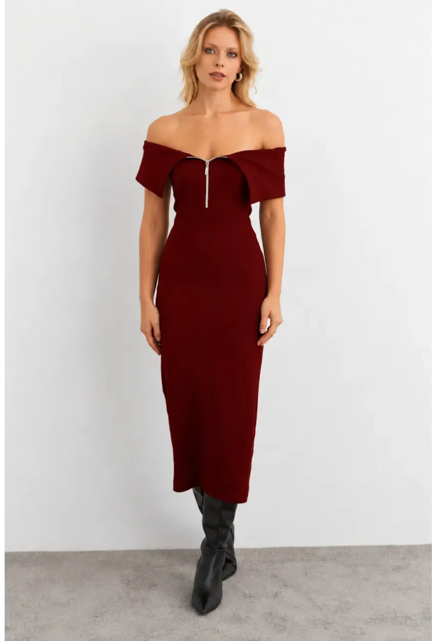 Kadın Bordo Fermuarlı Madonna Yaka Midi Elbise EY3011