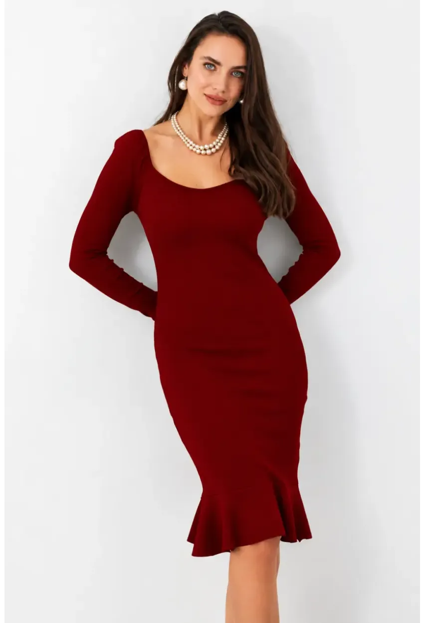 Kadın Bordo Kaşkorse Midi Elbise EY2976