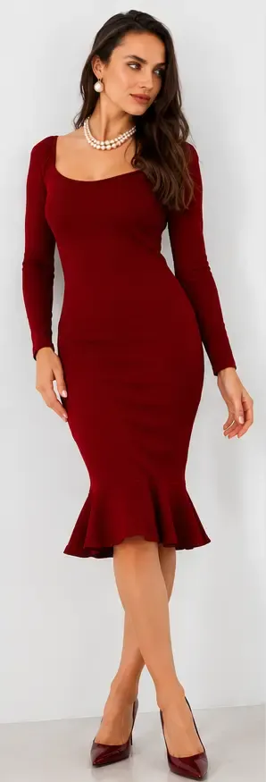 Kadın Bordo Kaşkorse Midi Elbise EY2976