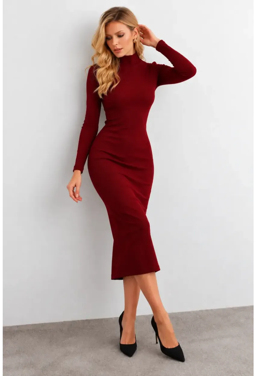 Kadın Bordo Sırtı Dekolteli Boğazlı Midi Elbise EY3012