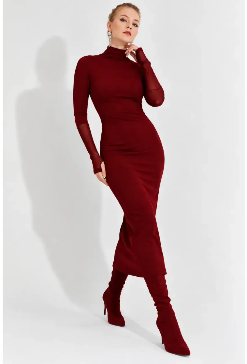 Kadın Bordo Tül Detaylı Eldivenli Midi Elbise EY2600