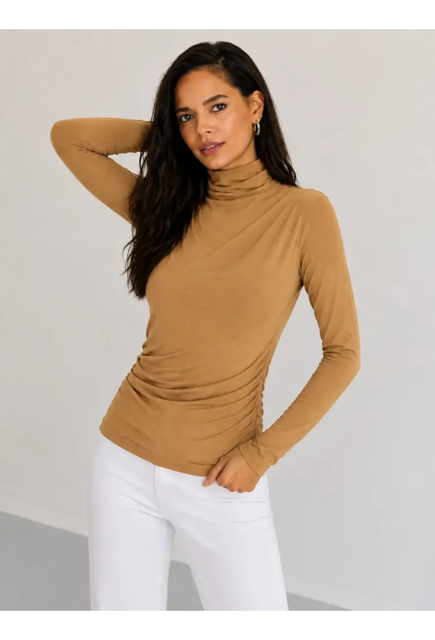 Kadın Camel Drapeli Boğazlı Uzun Kollu Esnek Fit Bluz