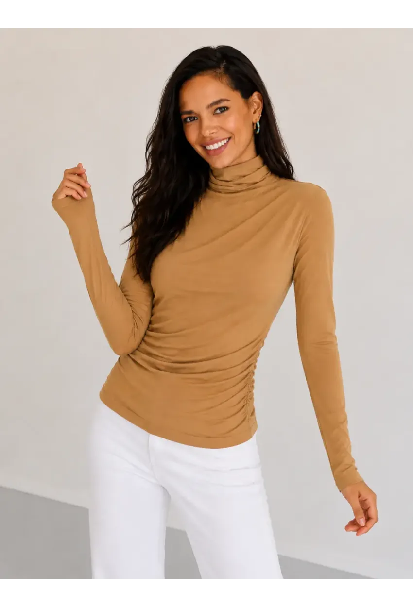 Kadın Camel Drapeli Boğazlı Uzun Kollu Esnek Fit Bluz