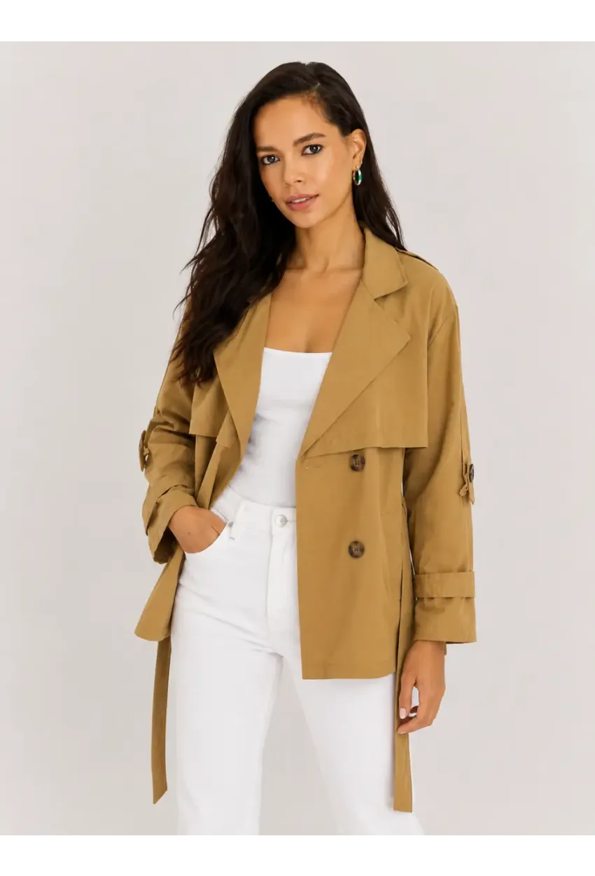 Kadın Camel Kuşaklı Trenç Ceket – Düğmeli Mevsimlik Oversize Model