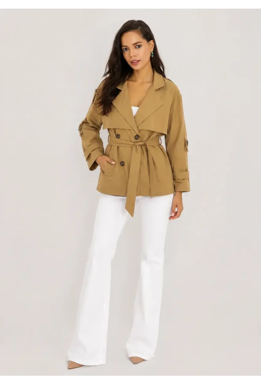 Kadın Camel Kuşaklı Trenç Ceket – Düğmeli Mevsimlik Oversize Model