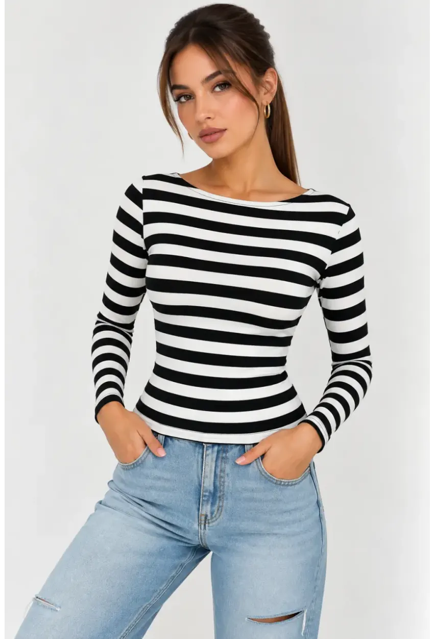 Kadın Çizgili Kayık Yaka Uzun Kollu Slim Fit Basic Bluz