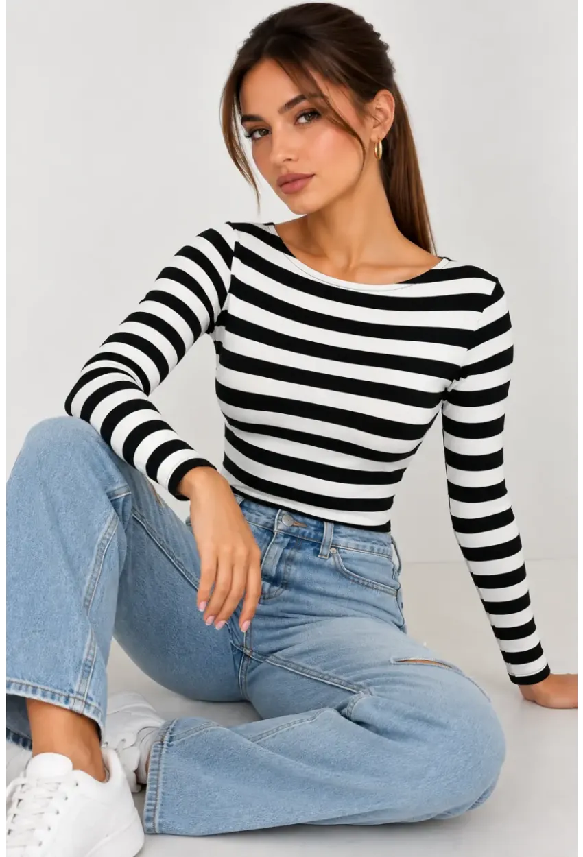 Kadın Çizgili Kayık Yaka Uzun Kollu Slim Fit Basic Bluz