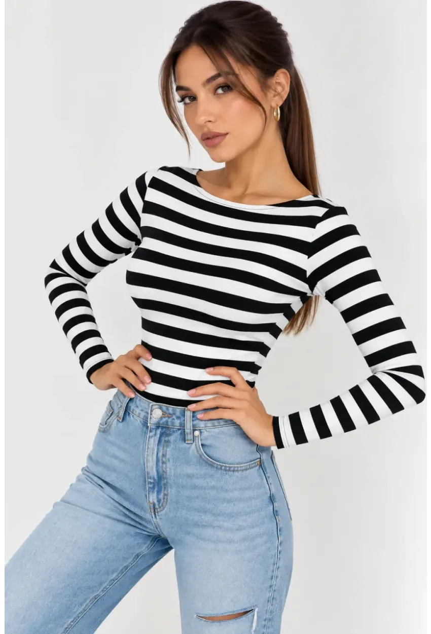 Kadın Çizgili Kayık Yaka Uzun Kollu Slim Fit Basic Bluz