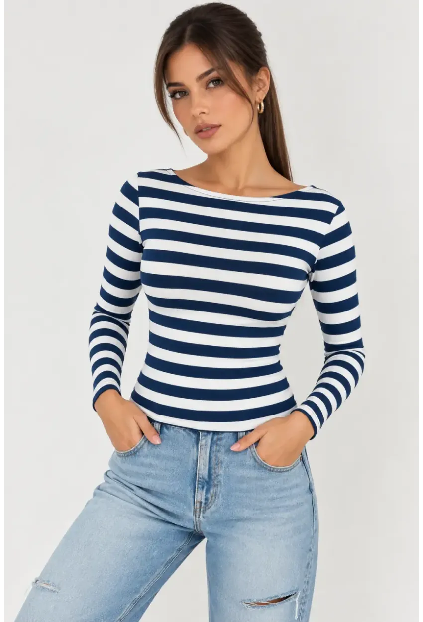 Kadın Çizgili Kayık Yaka Uzun Kollu Slim Fit Basic Bluz