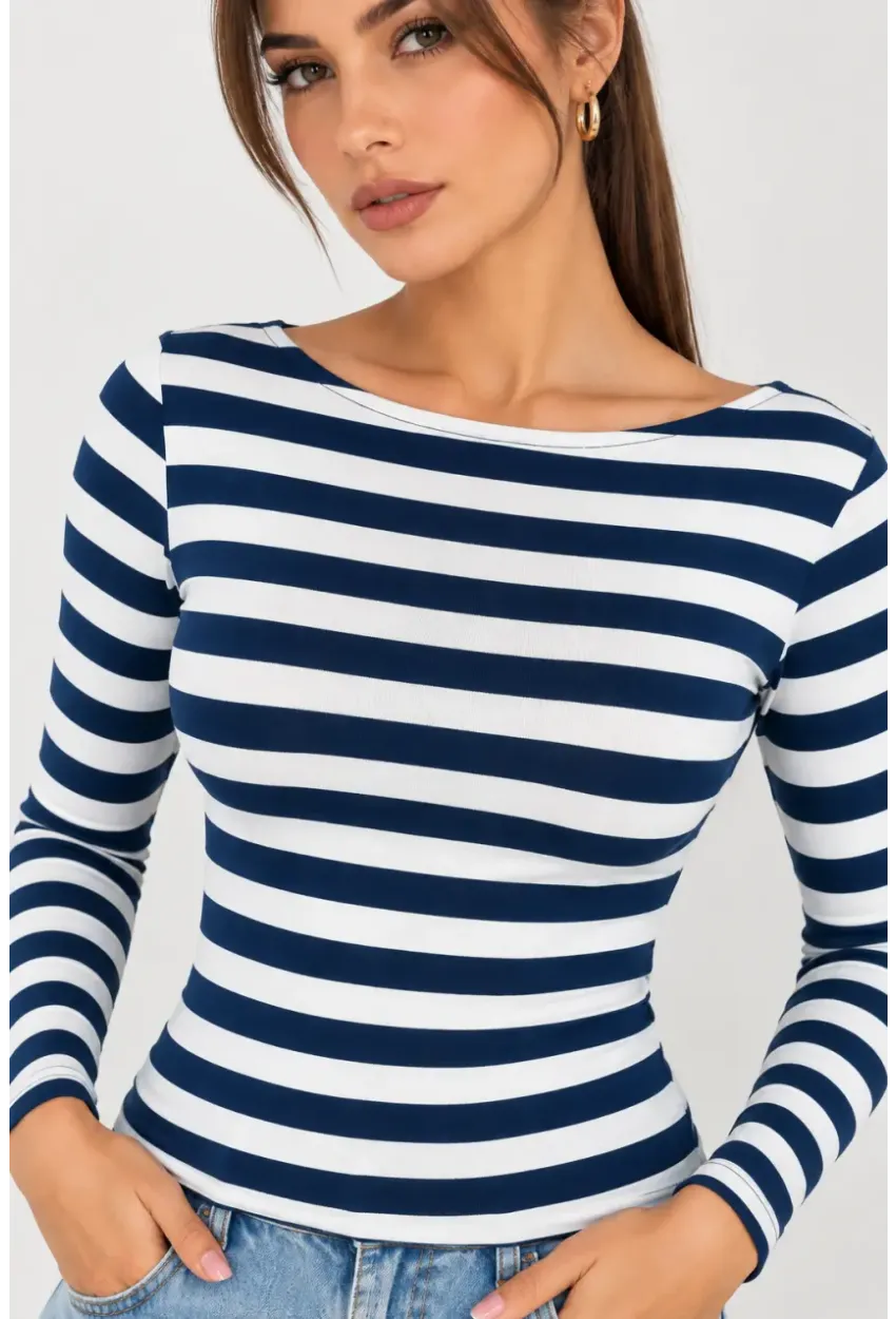 Kadın Çizgili Kayık Yaka Uzun Kollu Slim Fit Basic Bluz