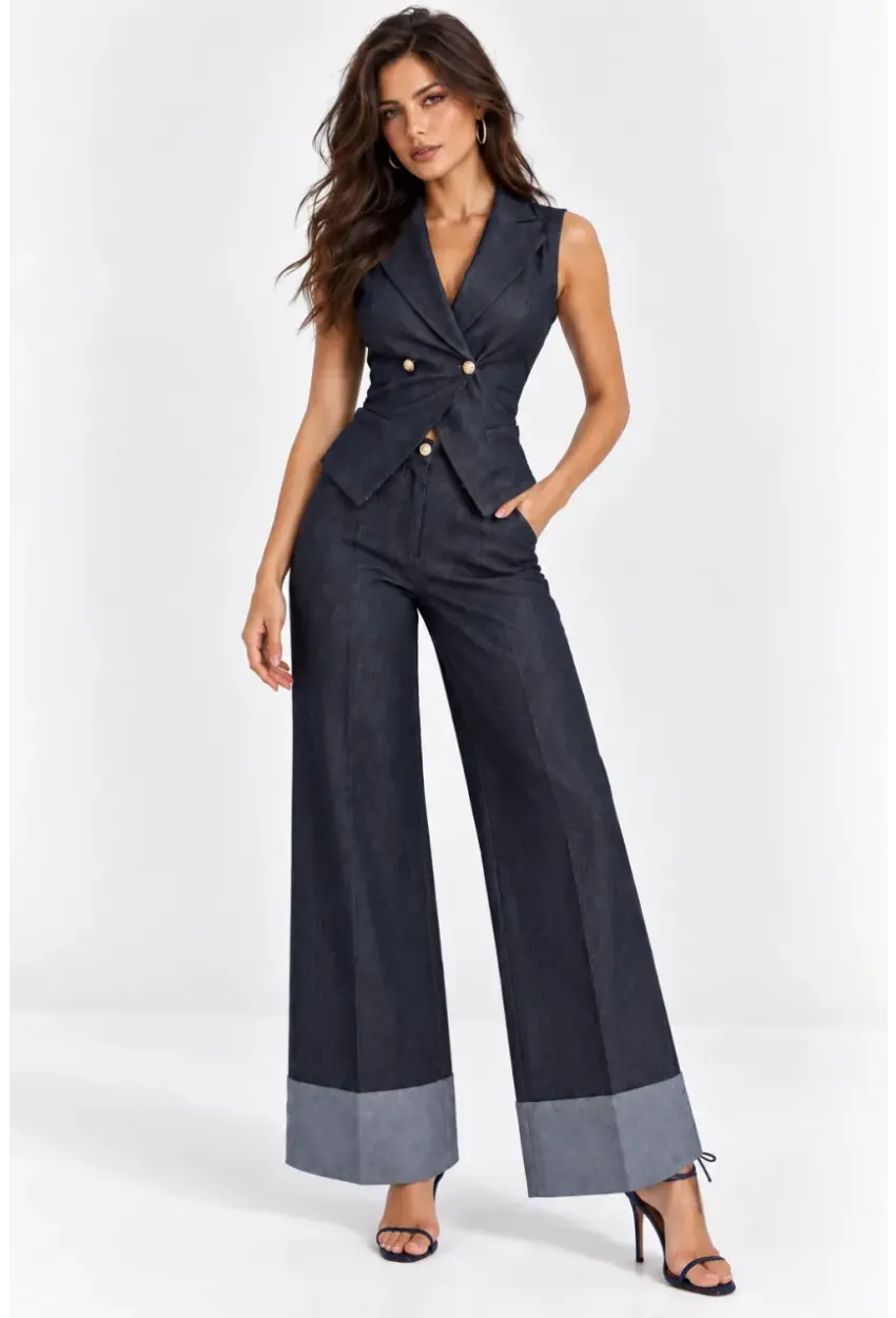Kadın Gold Düğmeli Yelek & Geniş Paça Denim Pantolon Takım