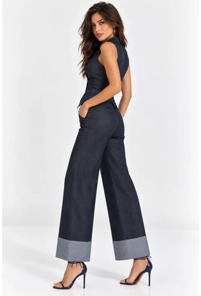 Kadın Gold Düğmeli Yelek & Geniş Paça Denim Pantolon Takım