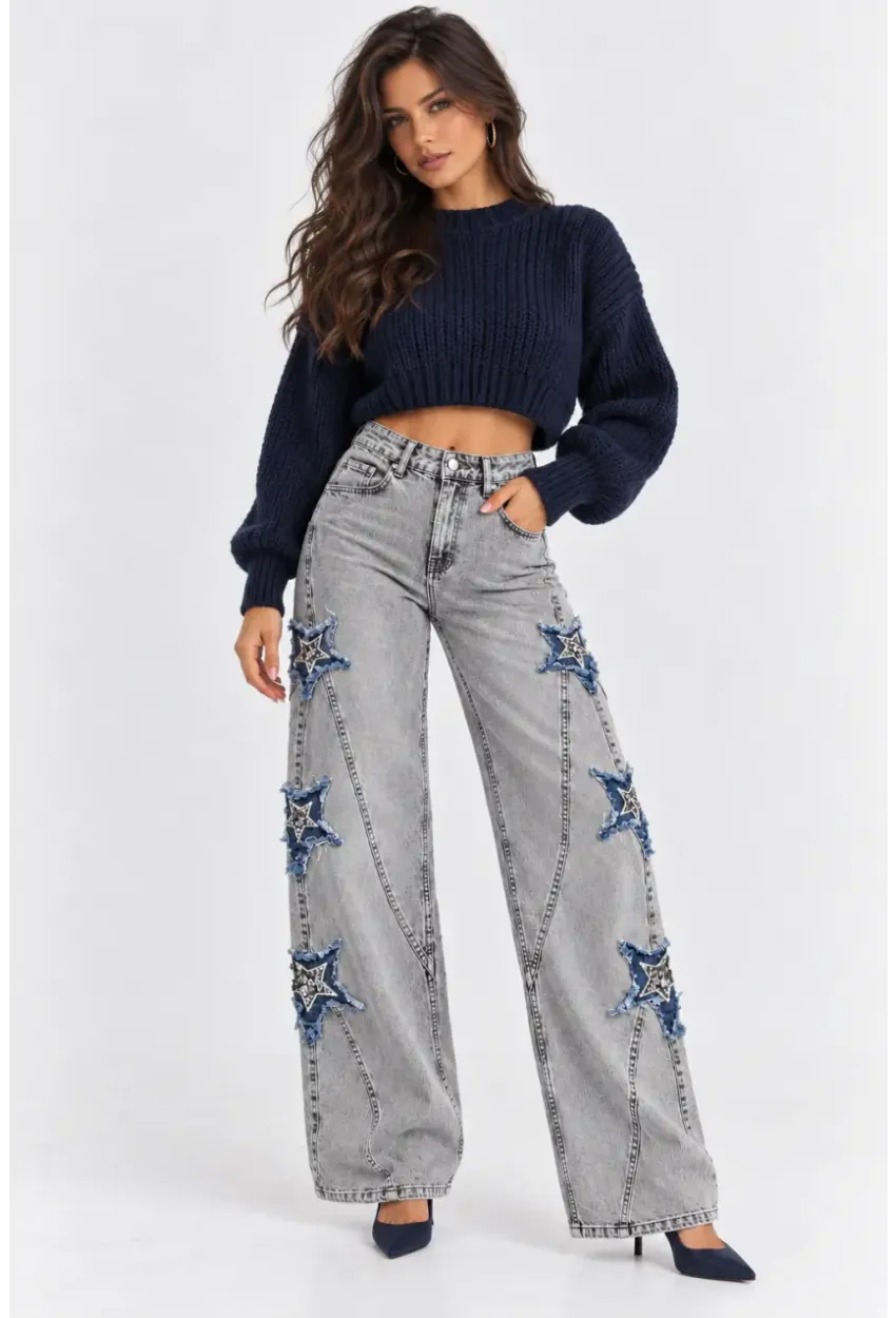 Kadın Gri Yıkamalı Yıldız Aplikeli Yüksek Bel Wide Leg Jean Pantolon