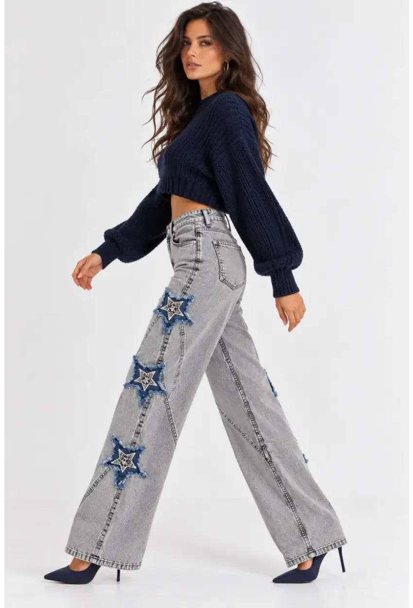 Kadın Gri Yıkamalı Yıldız Aplikeli Yüksek Bel Wide Leg Jean Pantolon