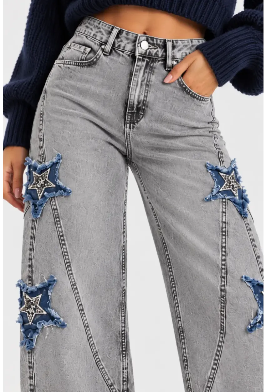 Kadın Gri Yıkamalı Yıldız Aplikeli Yüksek Bel Wide Leg Jean Pantolon