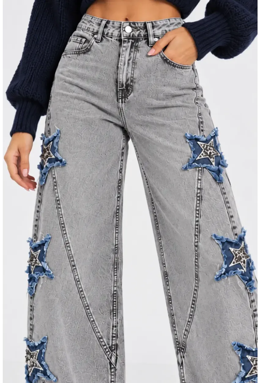 Kadın Gri Yıkamalı Yıldız Aplikeli Yüksek Bel Wide Leg Jean Pantolon