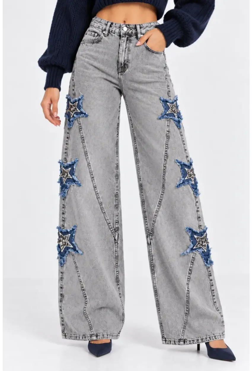 Kadın Gri Yıkamalı Yıldız Aplikeli Yüksek Bel Wide Leg Jean Pantolon