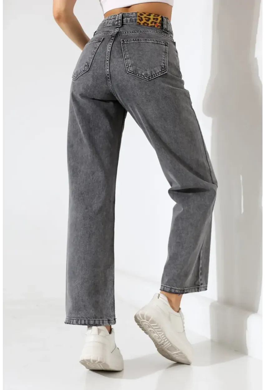 Kadın Gri Yüksek Bel Wide Leg Jean