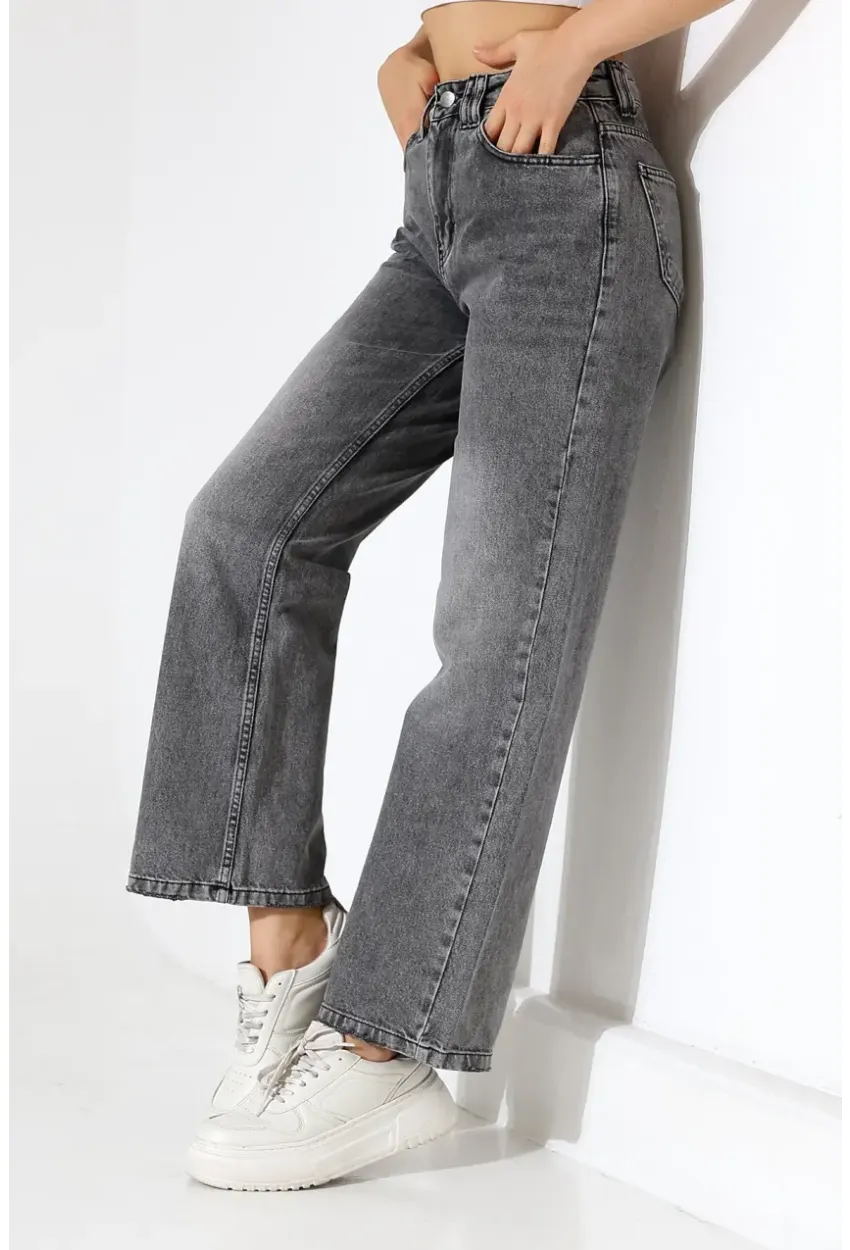 Kadın Gri Yüksek Bel Wide Leg Jean
