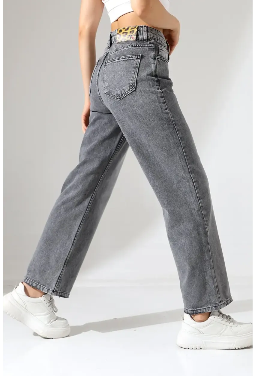 Kadın Gri Yüksek Bel Wide Leg Jean