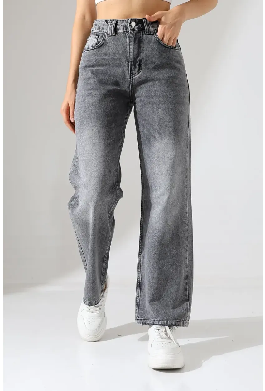 Kadın Gri Yüksek Bel Wide Leg Jean