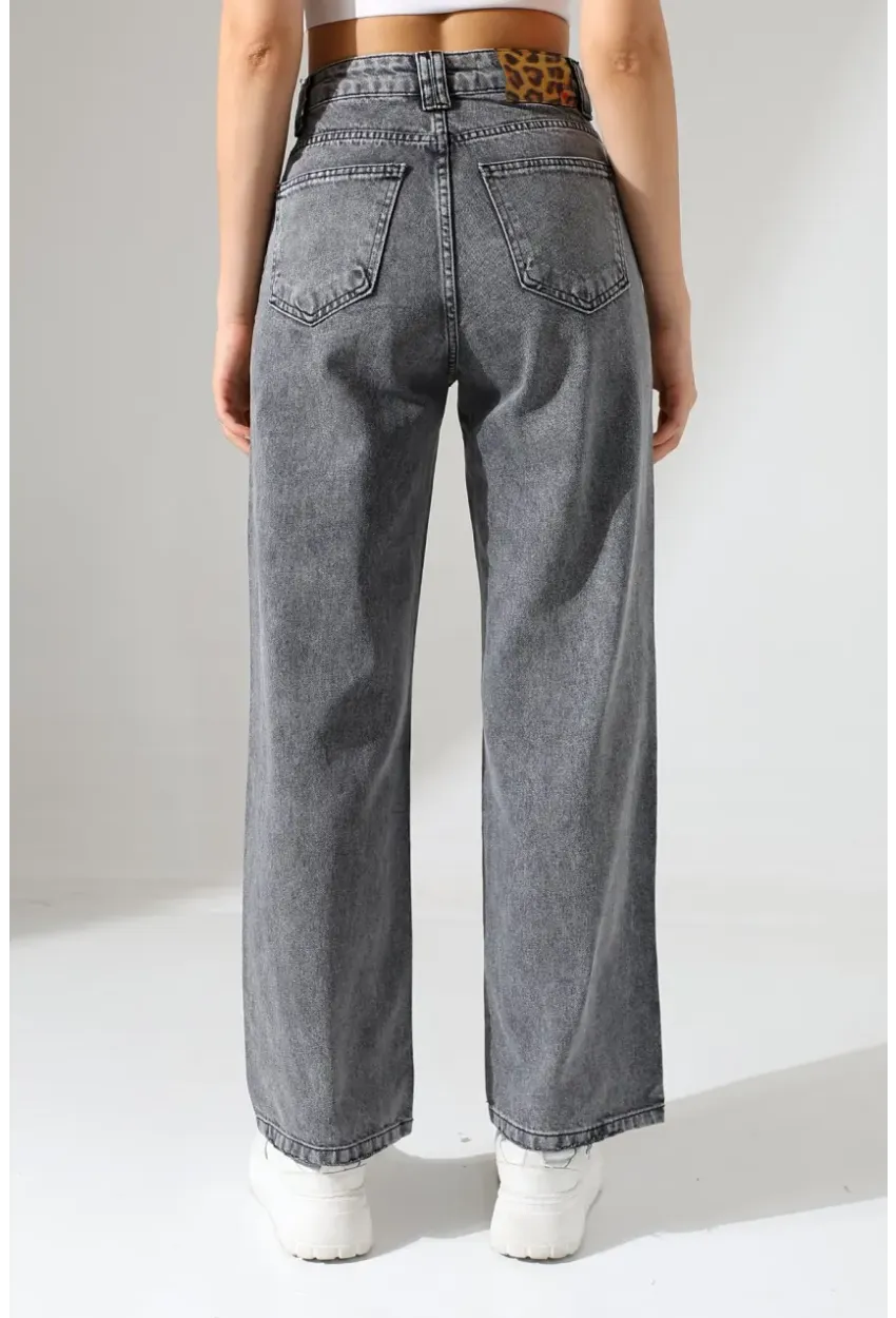 Kadın Gri Yüksek Bel Wide Leg Jean