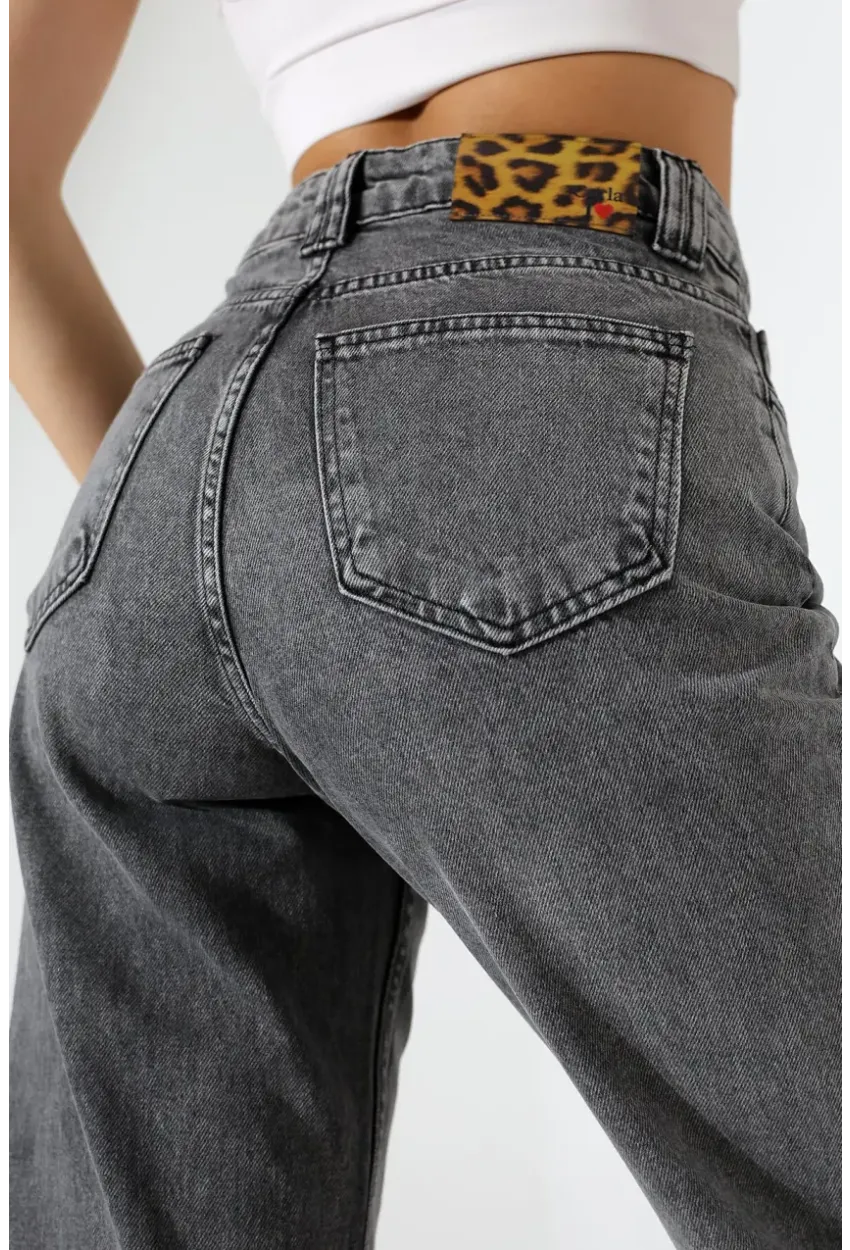Kadın Gri Yüksek Bel Wide Leg Jean
