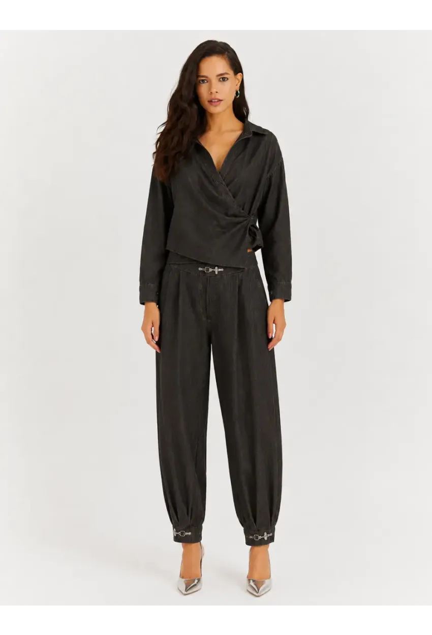 Kadın Kahverengi Denim Görünümlü Kruvaze Bluz ve Şalvar Pantolon 2’li Takım