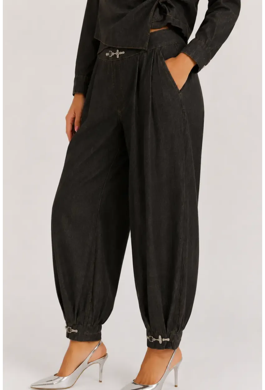 Kadın Kahverengi Denim Görünümlü Kruvaze Bluz ve Şalvar Pantolon 2’li Takım