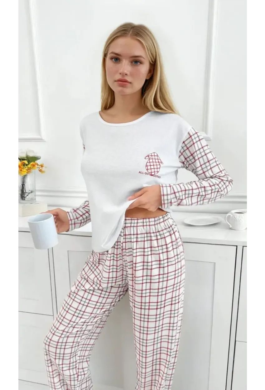 Kadın Kareli Uzun Kollu Süprem Pijama Takımı