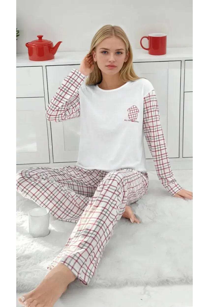 Kadın Kareli Uzun Kollu Süprem Pijama Takımı