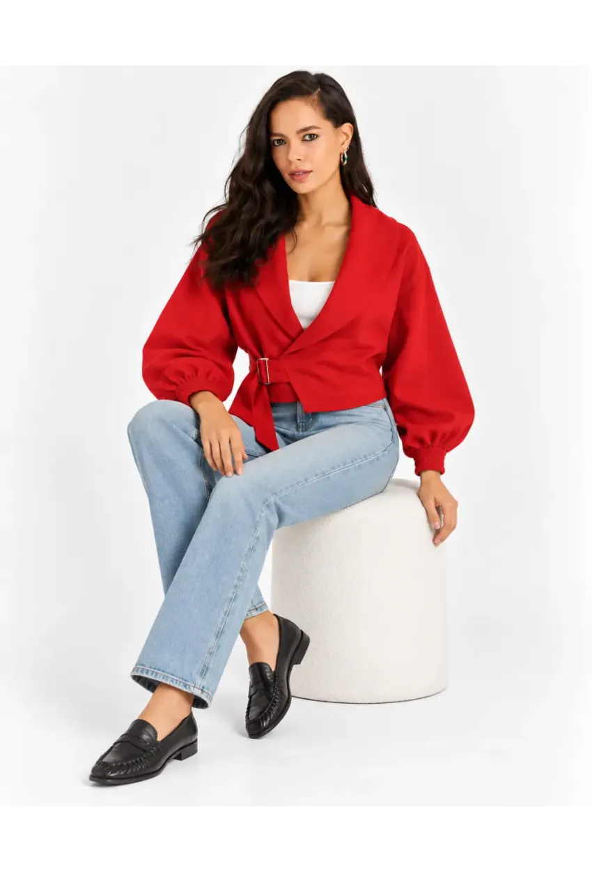 Kadın Kırmızı Kemerli Ceket Şal Yaka Balon Kol Beli Ayarlanabilir Şık Ceket