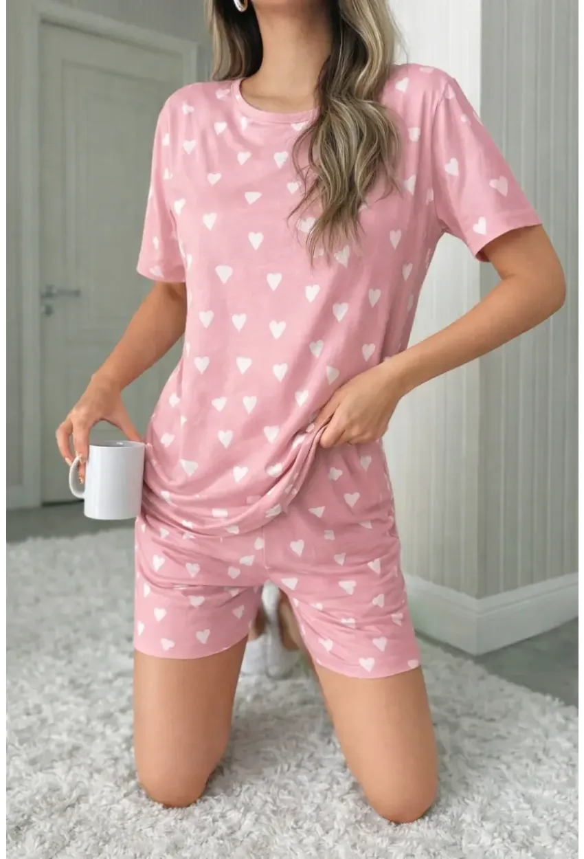 Kadın Kısa Kollu Şortlu Pijama Takımı Kalp Baskılı