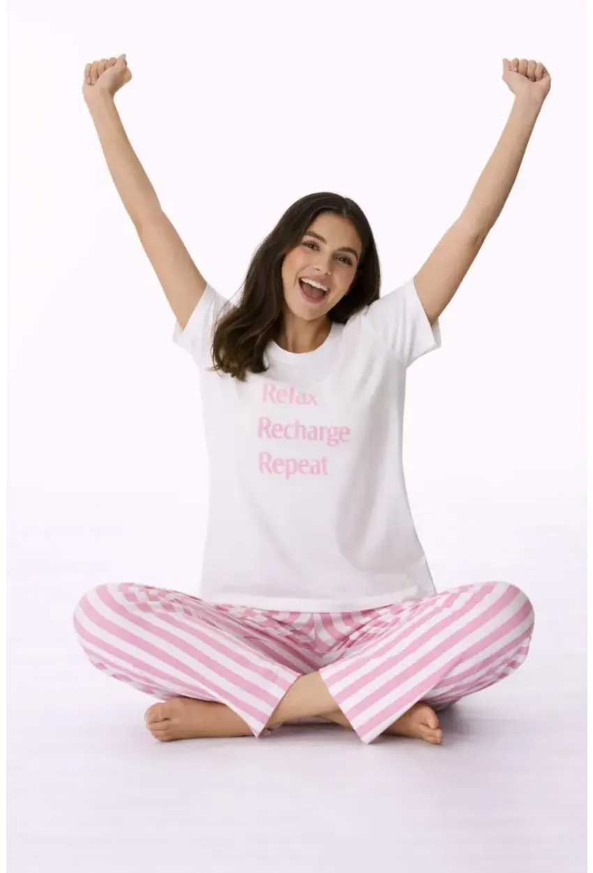 Kadın Kısa Kollu Uzun Pantolonlu Pamuklu Pijama Takımı