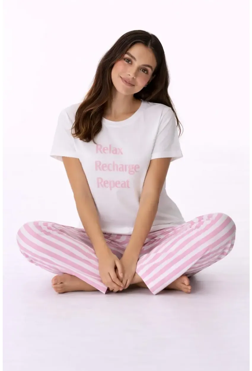 Kadın Kısa Kollu Uzun Pantolonlu Pamuklu Pijama Takımı