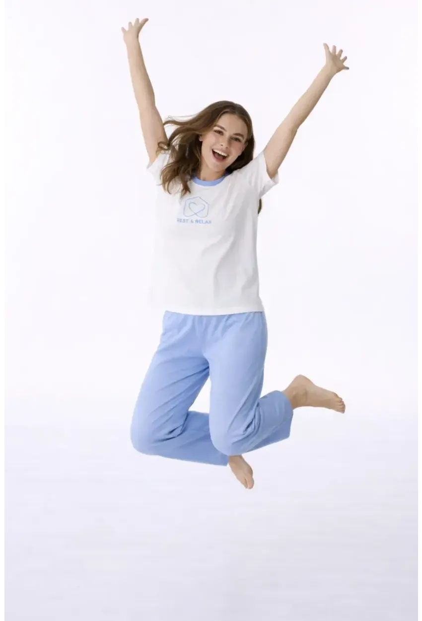 Kadın Kısa Kollu Uzun Pantolonlu Pamuklu Pijama Takımı – Rest & Relax Baskılı Mavi