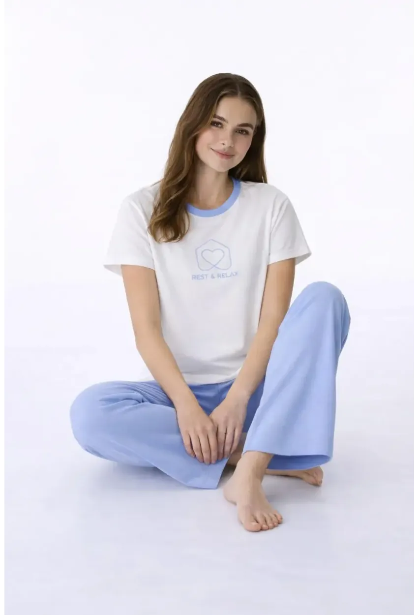 Kadın Kısa Kollu Uzun Pantolonlu Pamuklu Pijama Takımı – Rest & Relax Baskılı Mavi